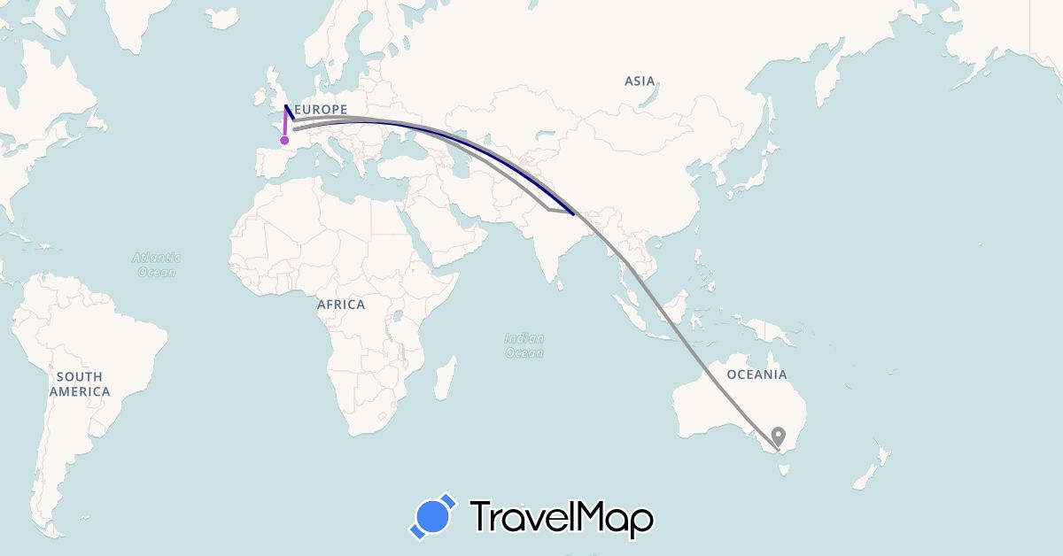 TravelMap itinerary: driving, bus, plane, train in Australia, France, United Kingdom, India, Nepal, Thailand (Asia, Europe, Oceania)